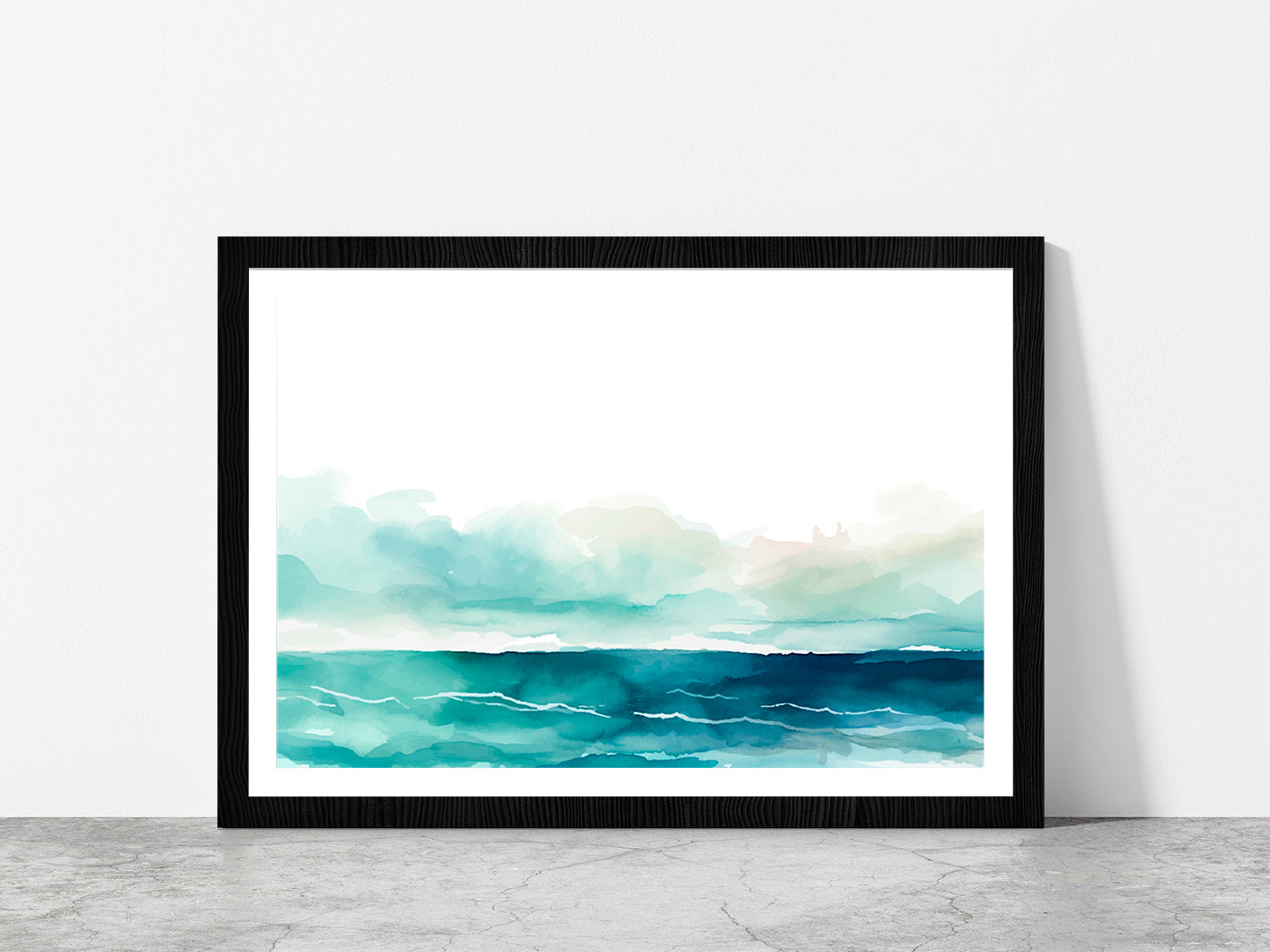 Seascape Watercolor Abstract Glass Framed Wall Art, Ready to Hang Quality Print With White Border Black