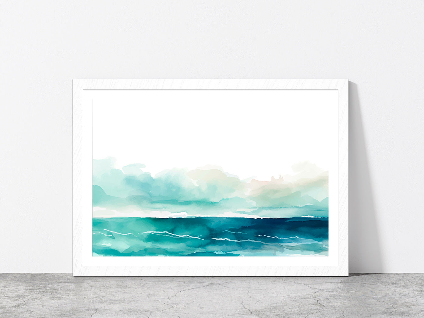 Seascape Watercolor Abstract Glass Framed Wall Art, Ready to Hang Quality Print With White Border White