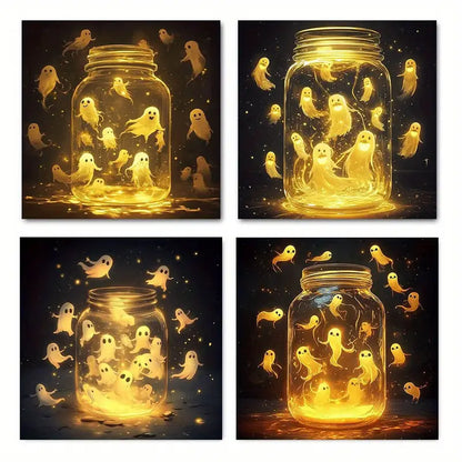 4pcs Ghost Glow Bottle Designs Wall Art Canvas Framed
