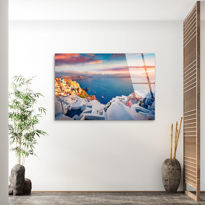 Oia Santorini Greece Sunset Ocean View  Acrylic Glass Printing Wall Art Australian Made Quality