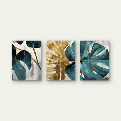 3pcs Elegant Luxury Hamptons Monstera Teal Gold  Wall Art Set Canvas Framed 50x70cm - High Quality Print 100% Australian Made Wall Canvas Ready to Hang