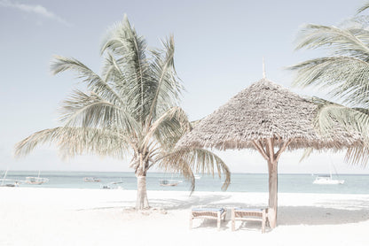 Palm Trees & Beach Hut with Chairs near Beach Glass Framed Wall Art, Ready to Hang Quality Print