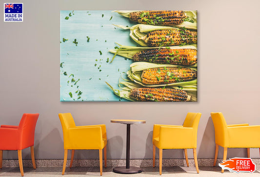 Lat-Lay of Grilled Sweet Corn with Smoked Sea Salt Wall Art Decor 100% Australian Made