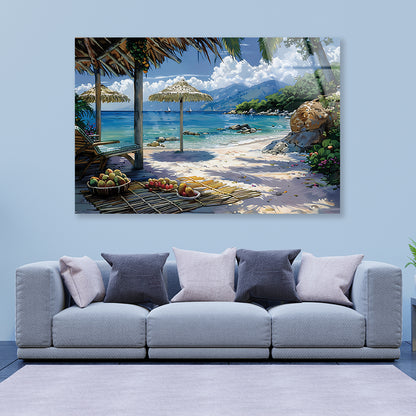 Beach with Umbrellas & Mountains View Acrylic Glass Print Tempered Glass Wall Art 100% Made in Australia Ready to Hang - Bella Home Decor