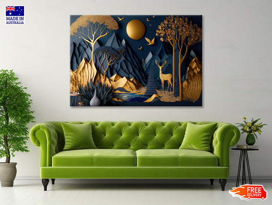 Mountains, Deer, Birds, Trees Painting Print 100% Australian Made - Bella Home Decor