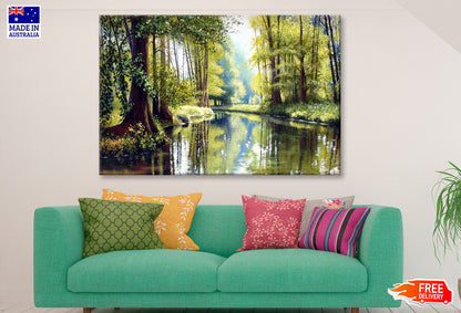 Forest River & Green Trees Watercolor Painting Wall Art Limited Edition High Quality Print