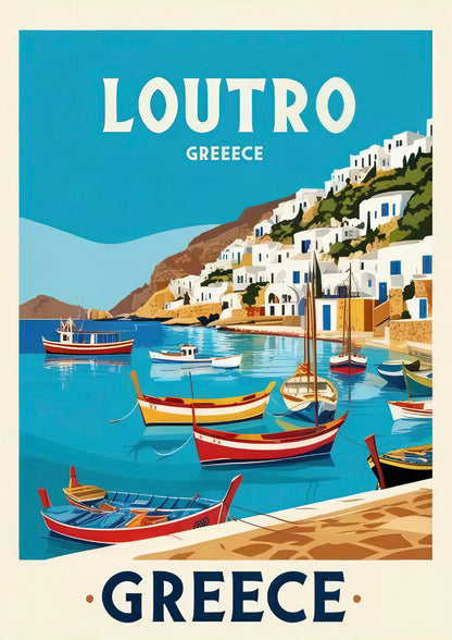 Loutro Crete Greece Vibrant Greek Village & Coastal Boats Travel Poster Print Wall Art