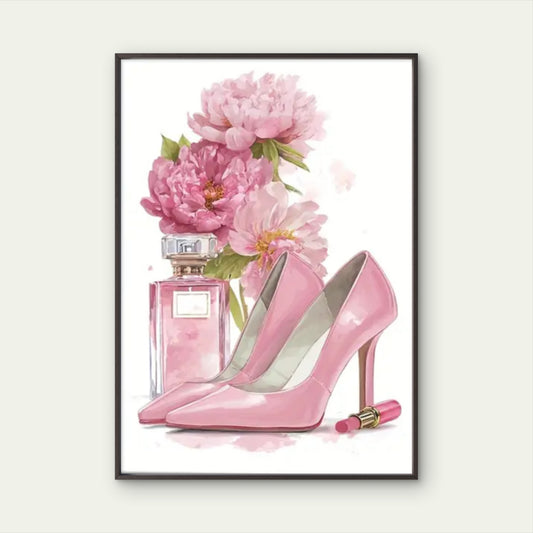 Pink High-Heel Shoes and Perfume Bottles Floral Fashion Home Decor Premium Quality Poster Print Choose Your Sizes