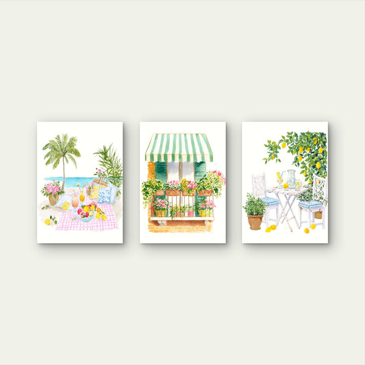 3pcs Mediterranean Summer Amalfi Beach Picnic Wall Art Set Canvas Framed 40x60cm - High Quality Print 100% Australian Made Wall Canvas Ready to Hang