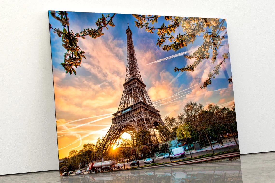 Eiffel Tower Against Sunrise in Paris, France Acrylic Glass Print Tempered Glass Wall Art 100% Made in Australia Ready to Hang - Bella Home Decor
