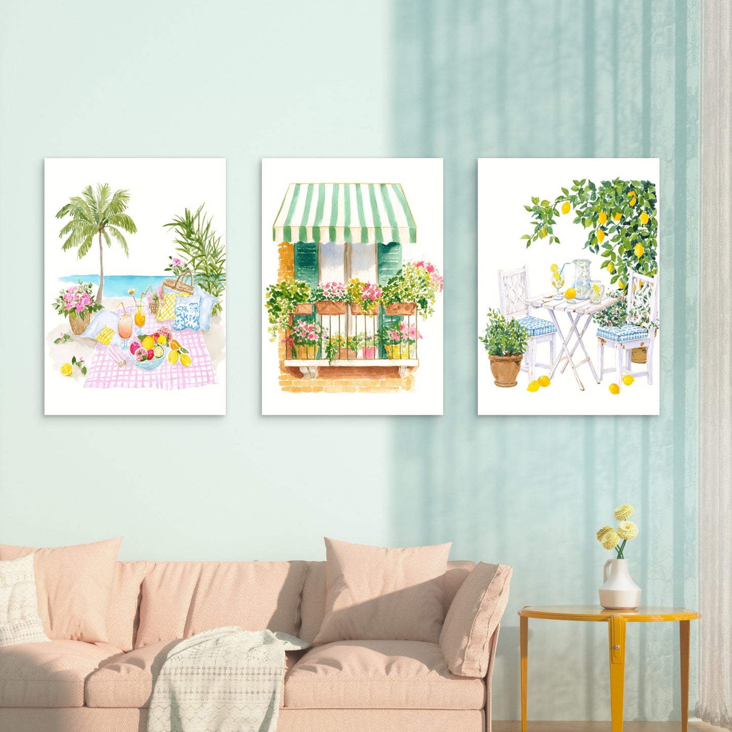 3pcs Mediterranean Summer Amalfi Beach Picnic Wall Art Set Canvas Framed 40x60cm - High Quality Print 100% Australian Made Wall Canvas Ready to Hang