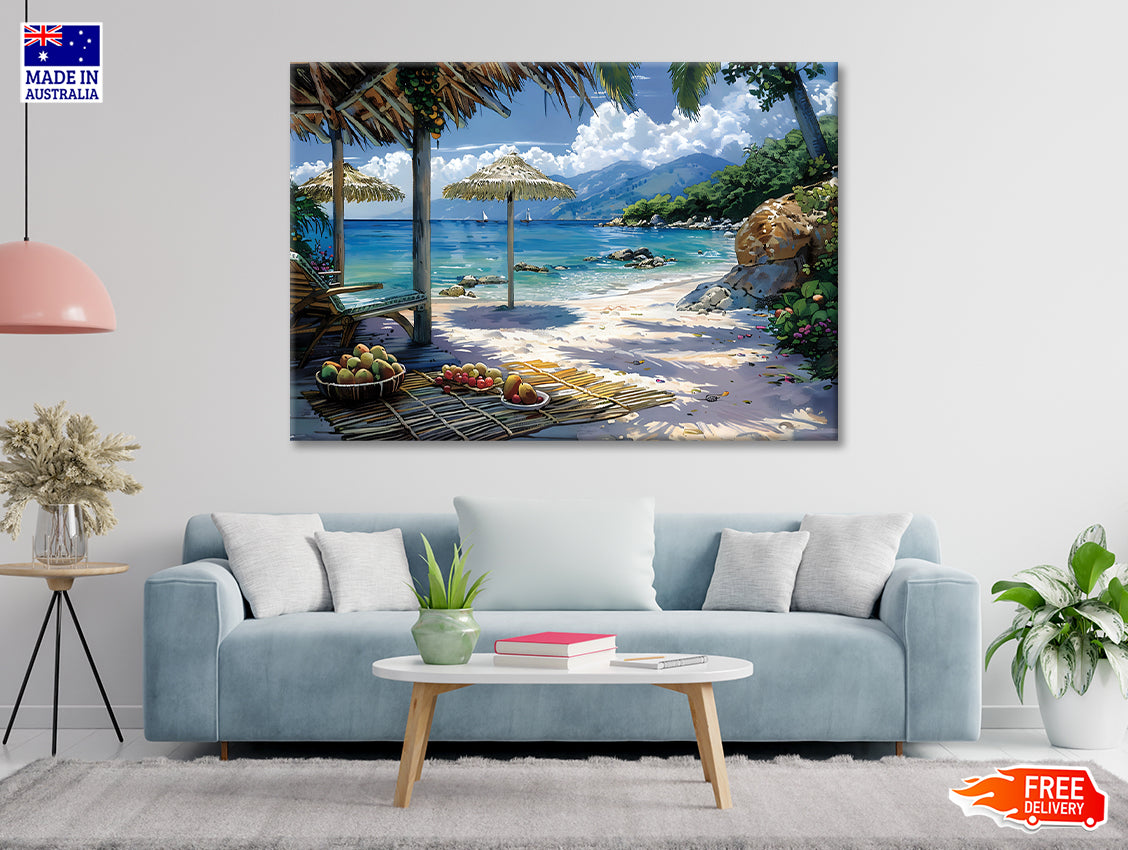 Beach with Umbrellas & Mountains View Print 100% Australian Made - Bella Home Decor