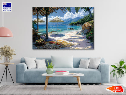 Beach with Umbrellas & Mountains View Print 100% Australian Made - Bella Home Decor