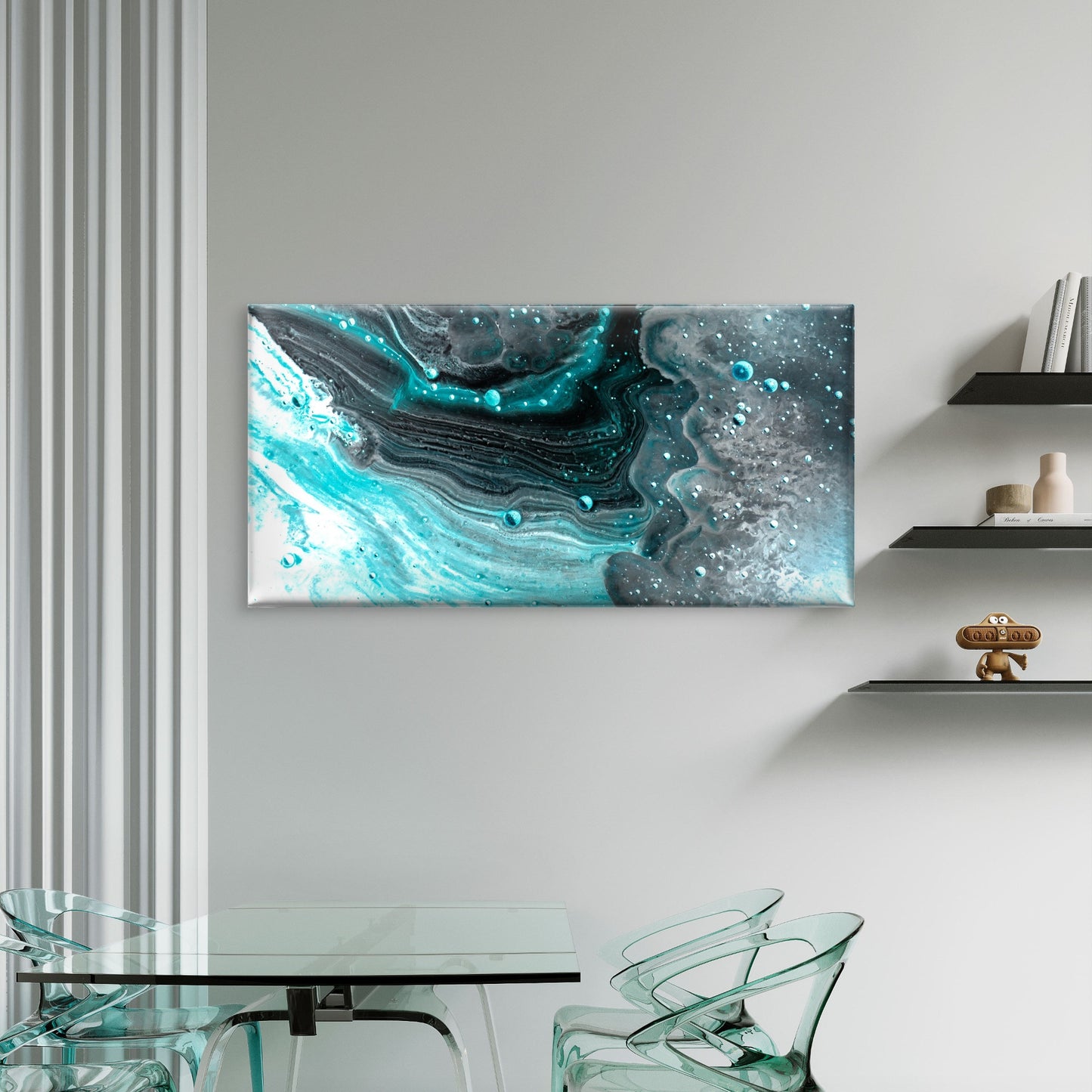Teal Blue Fluid Marble Ocean Wave Wall Art Canvas Office Home Room Framed 120x60cm
