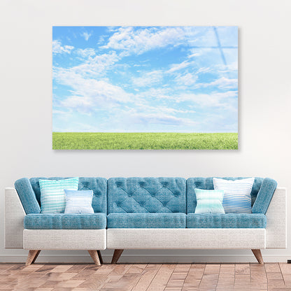 Beautiful Scenic View of Grassy Field and Blue Sky Acrylic Glass Print Tempered Glass Wall Art 100% Made in Australia Ready to Hang