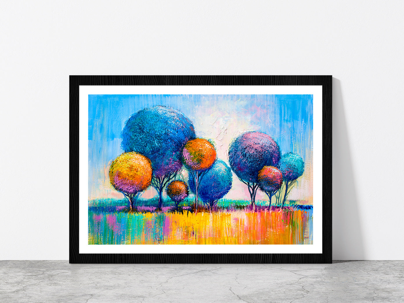 Multicolor Trees Glass Framed Wall Art, Ready to Hang Quality Print With White Border Black