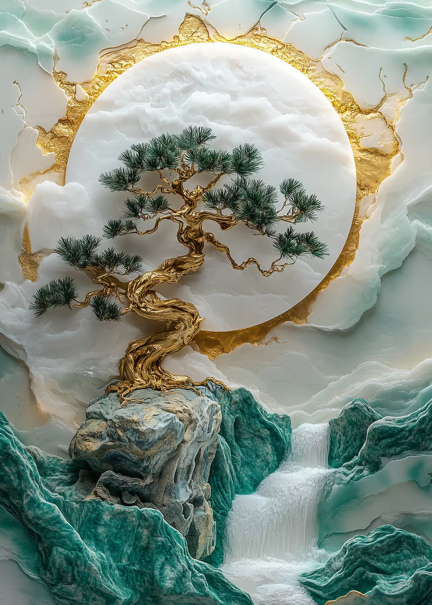 White Jade Gold Zen Bonsai 60x90cm Metal Print Ready to Hang