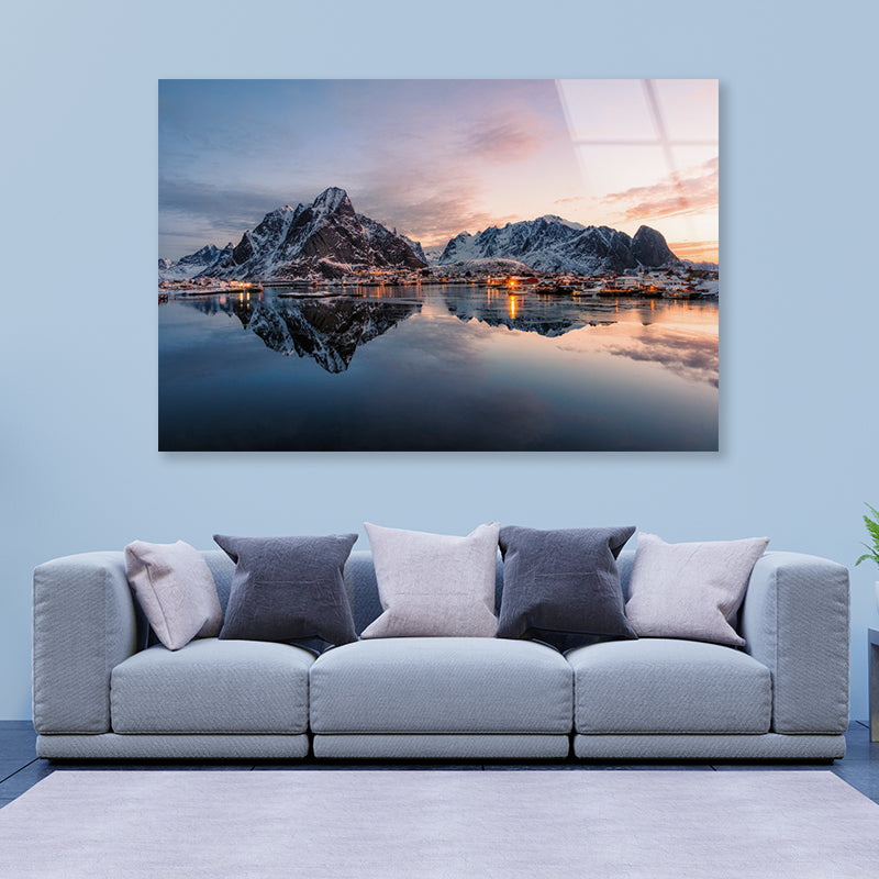 Fishing Village with Snow Mountain at Sunrise Acrylic Glass Print Tempered Glass Wall Art 100% Made in Australia Ready to Hang