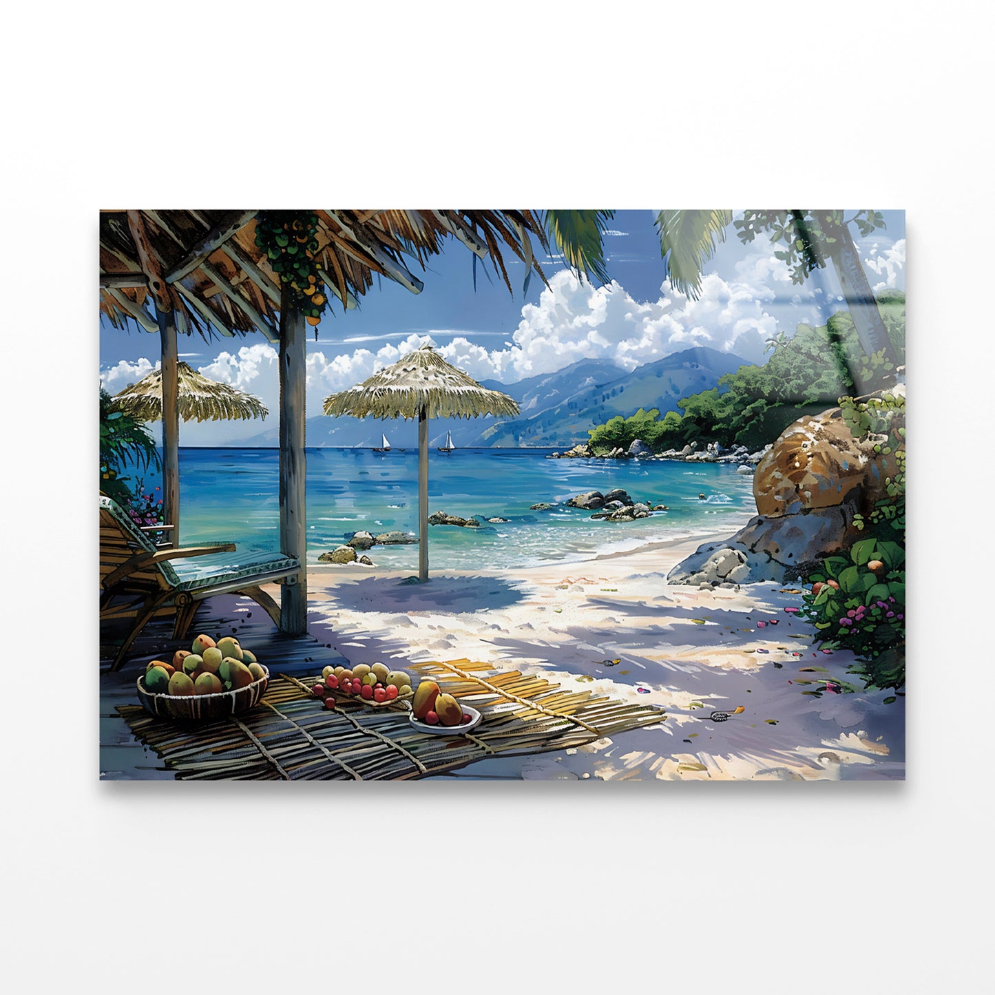 Beach with Umbrellas & Mountains View Acrylic Glass Print Tempered Glass Wall Art 100% Made in Australia Ready to Hang - Bella Home Decor
