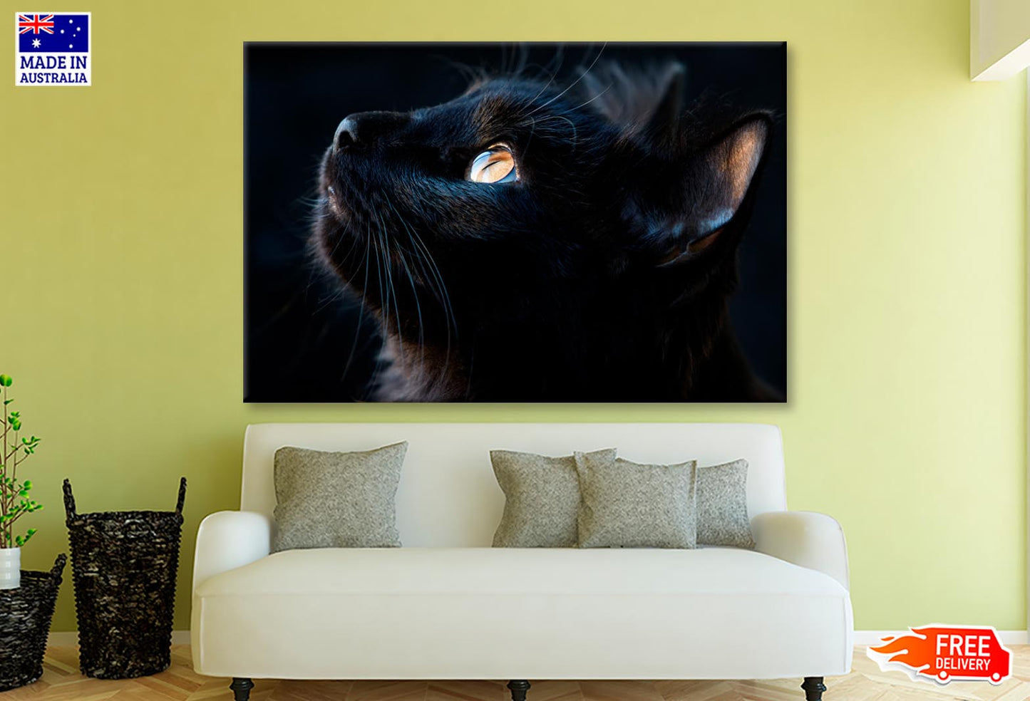 Black Cat with A Yellow Eye Staring Up Wall Art Decor 100% Australian Made - Bella Home Decor