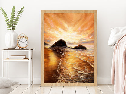 Sunset Over Ocean Beach Oil Painting Glass Framed Wall Art, Ready to Hang Quality Print Without White Border Oak