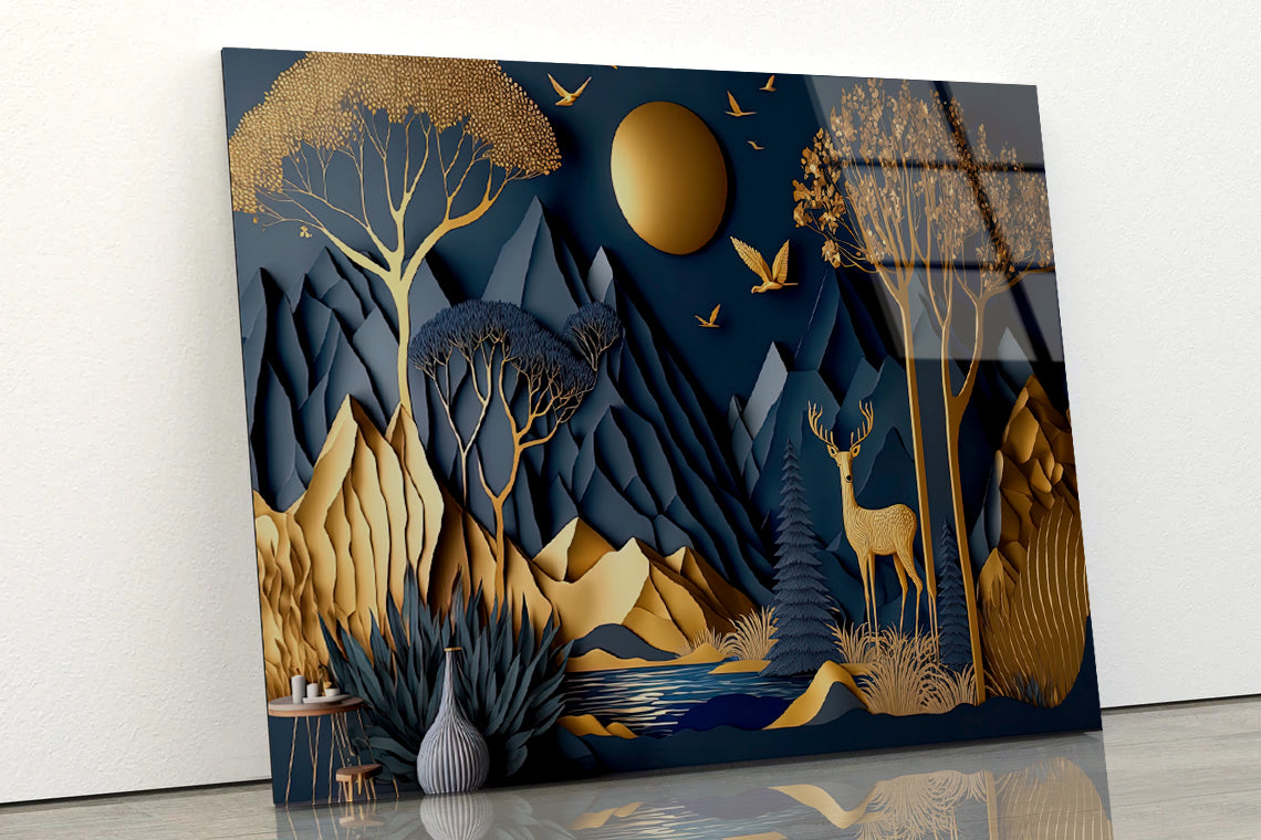 Mountains, Deer, Birds, Trees Painting Acrylic Glass Print Tempered Glass Wall Art 100% Made in Australia Ready to Hang - Bella Home Decor