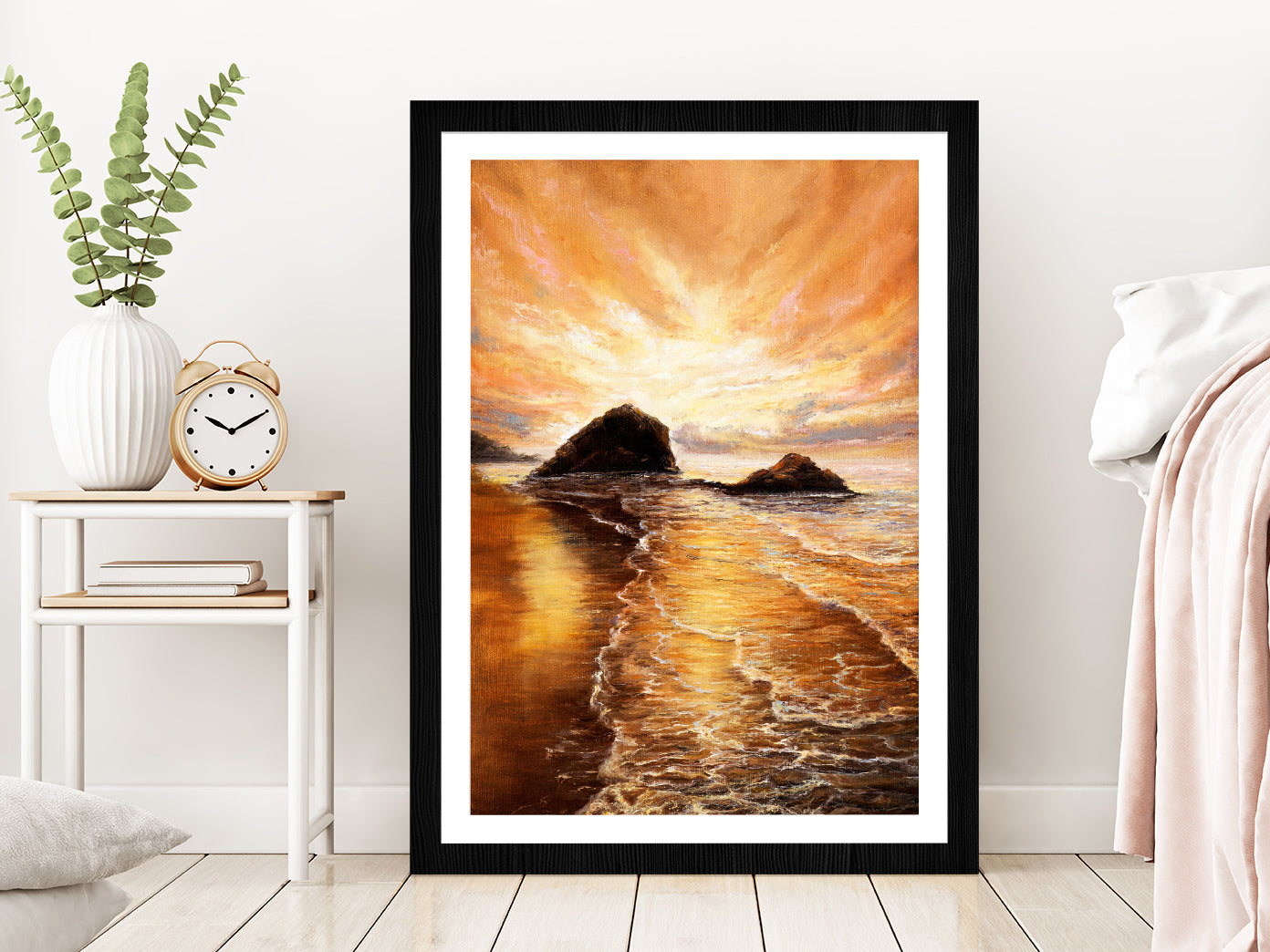 Sunset Over Ocean Beach Oil Painting Glass Framed Wall Art, Ready to Hang Quality Print With White Border Black