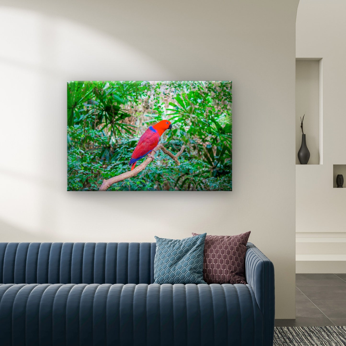 A Female Eclectus Parrot Perched Amidst the Lush Rainforests of the Moluccan Islands Australia Wall Art Decor 100% Australian Made