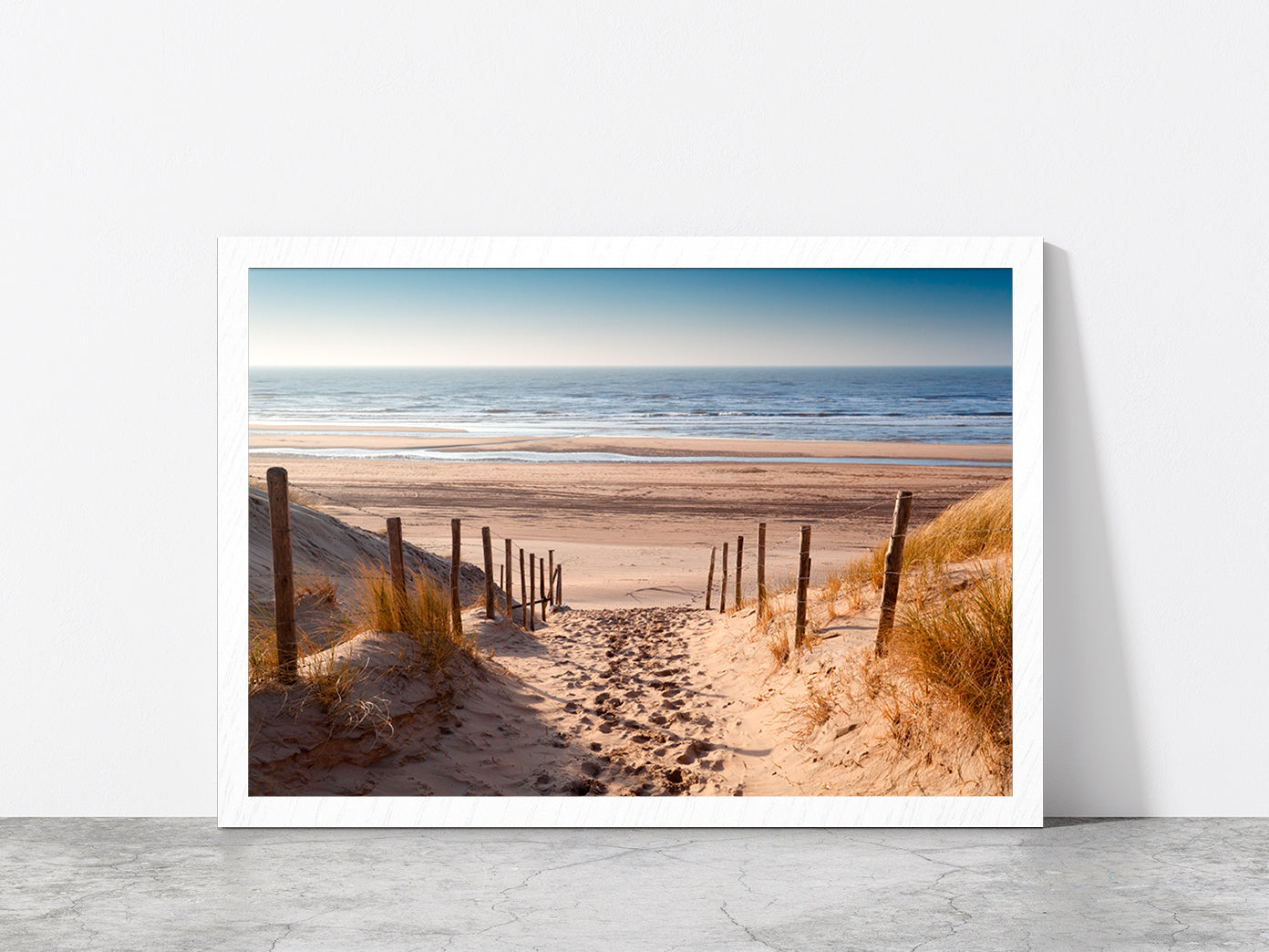 Sand Path To Sea Netherland Glass Framed Wall Art, Ready to Hang Quality Print Without White Border White