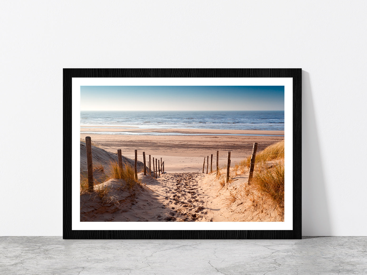 Sand Path To Sea Netherland Glass Framed Wall Art, Ready to Hang Quality Print With White Border Black