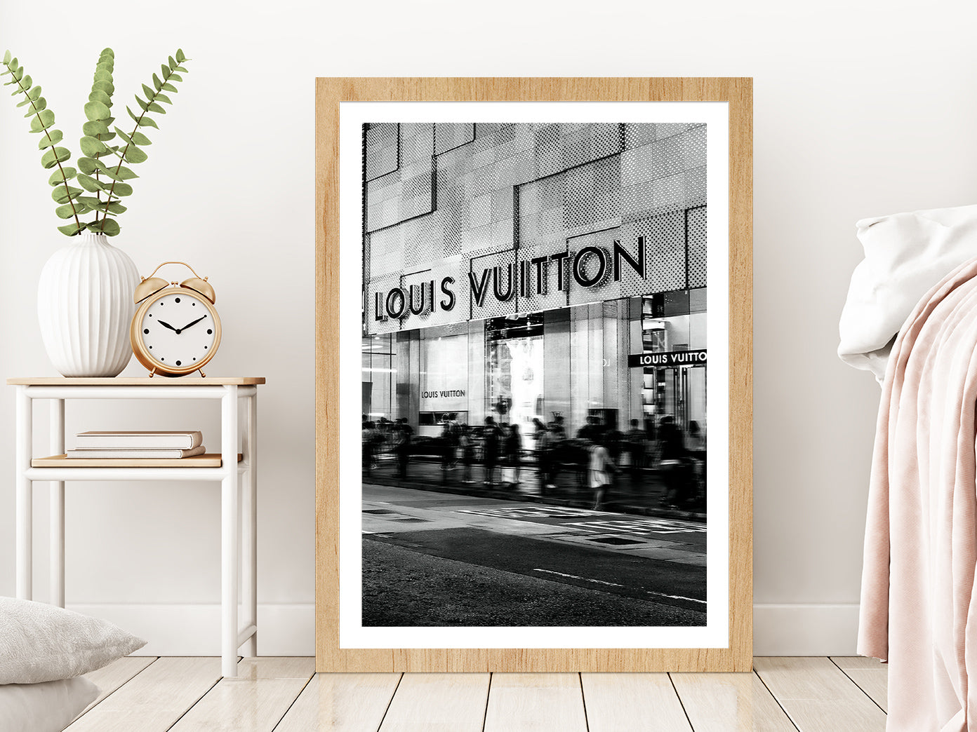 People near Fashion Store B&W Photograph Glass Framed Wall Art, Ready to Hang Quality Print With White Border Oak