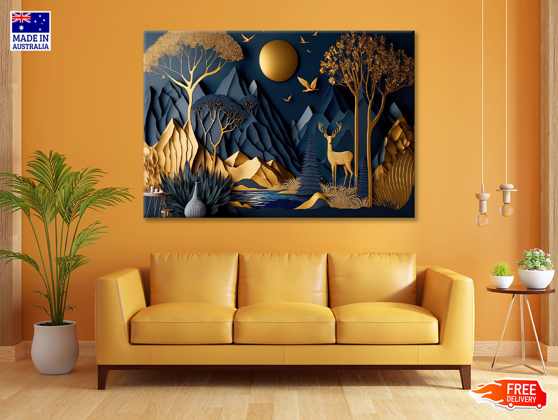 Mountains, Deer, Birds, Trees Painting Print 100% Australian Made - Bella Home Decor