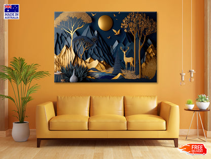 Mountains, Deer, Birds, Trees Painting Print 100% Australian Made - Bella Home Decor
