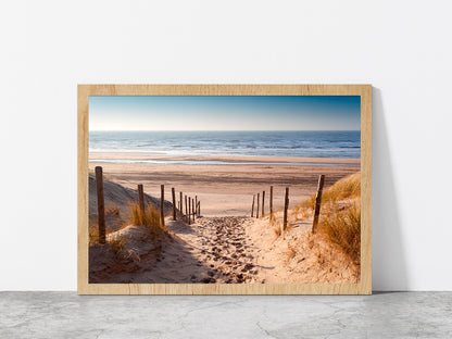 Sand Path To Sea Netherland Glass Framed Wall Art, Ready to Hang Quality Print Without White Border Oak