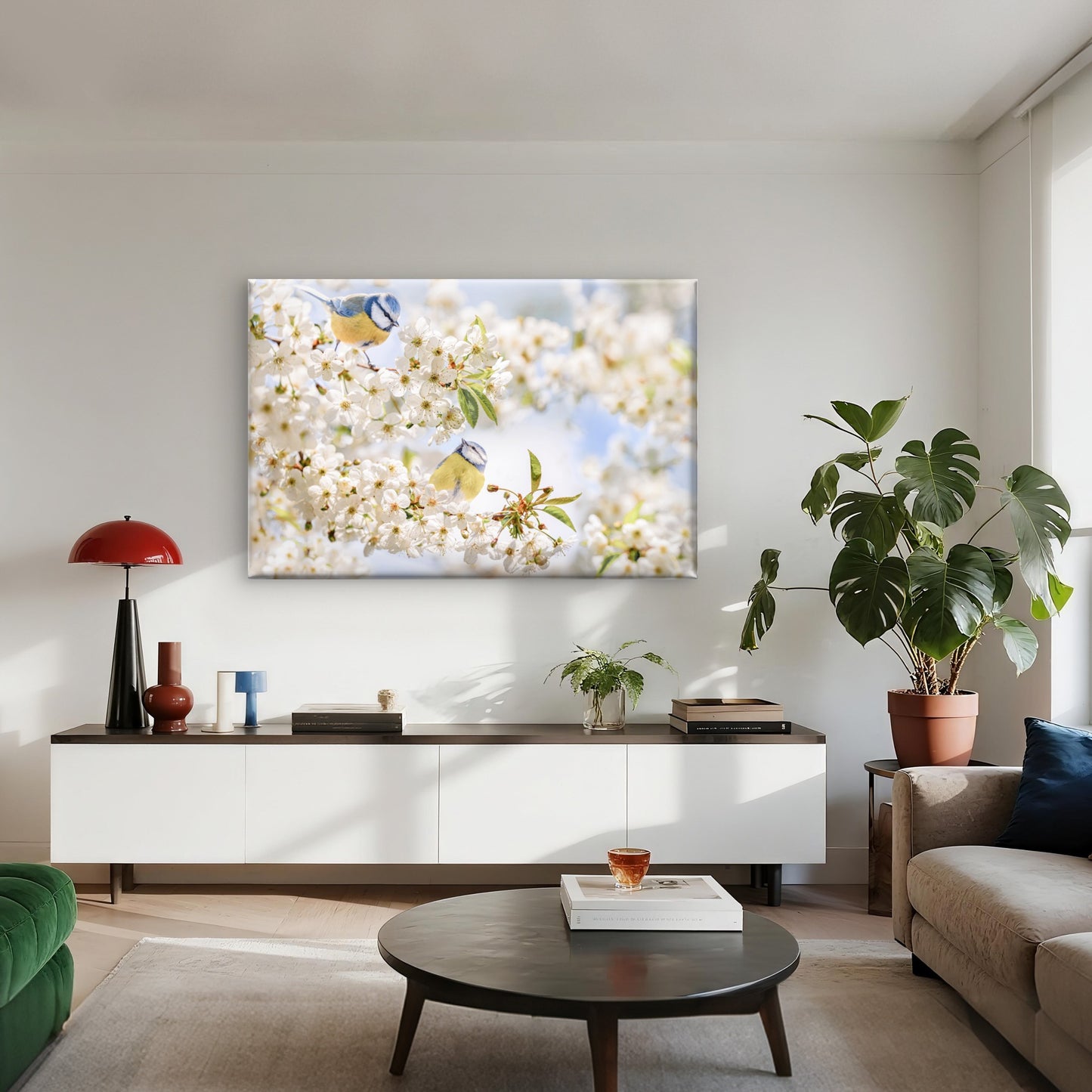 Pastel Toned Blue Tit Birds in Blossom Springtime Nature Wall Art Decor 100% Australian Made