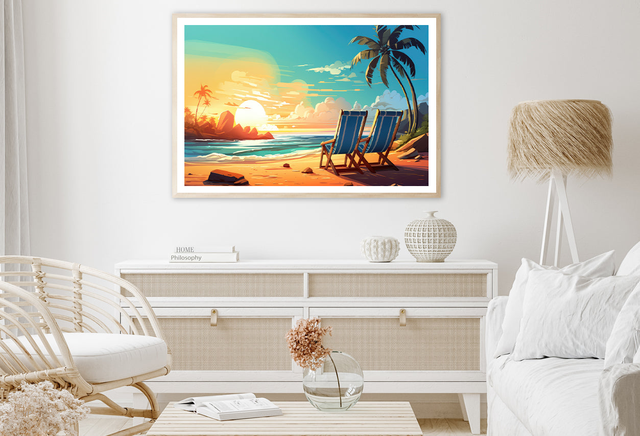 Chairs on a Beach with Palm Trees and the Ocean Home Decor Premium Quality Poster Print Choose Your Sizes - Bella Home Decor