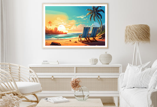 Chairs on a Beach with Palm Trees and the Ocean Home Decor Premium Quality Poster Print Choose Your Sizes