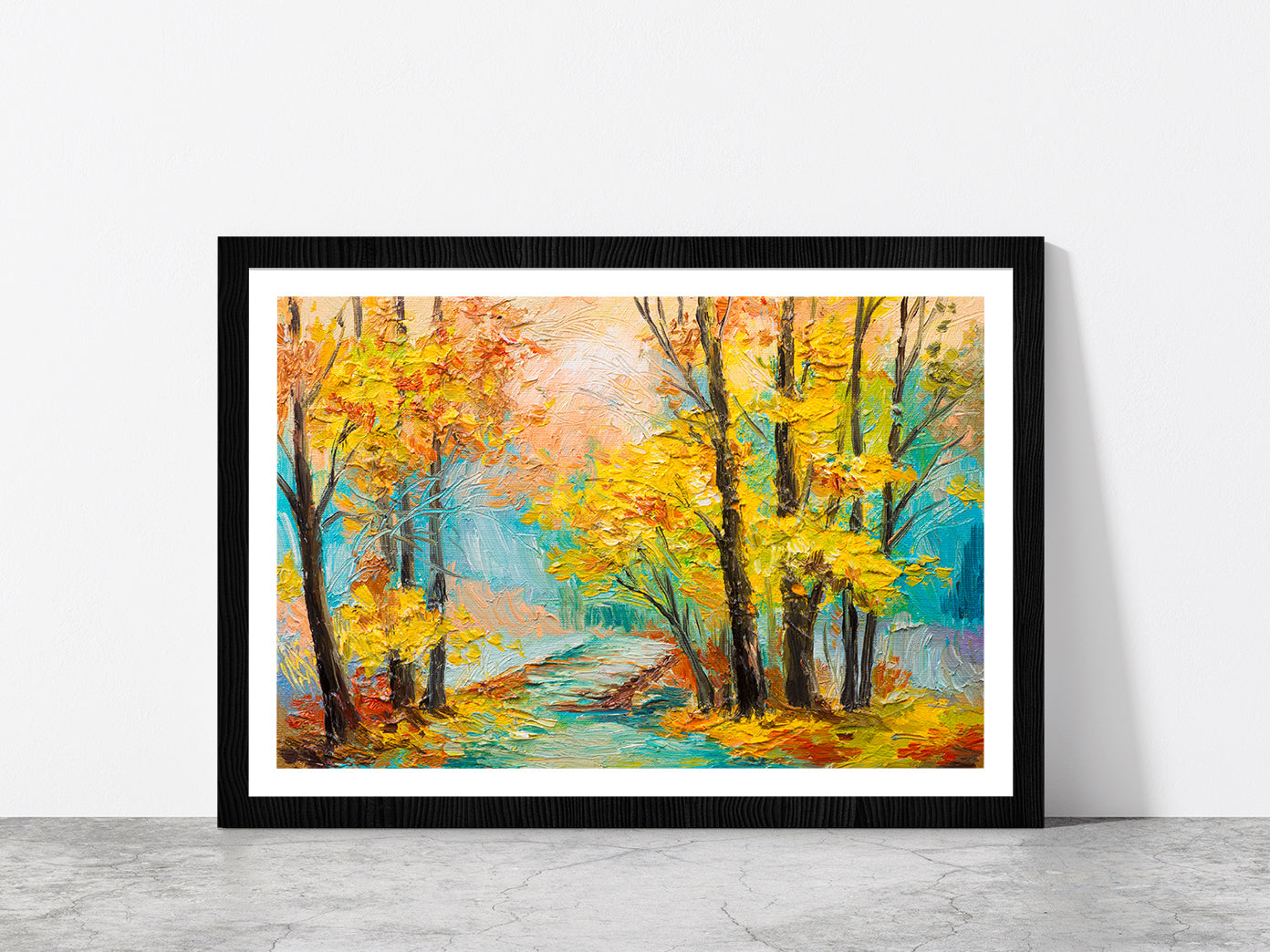 Yellow Trees With Autumn Forest Glass Framed Wall Art, Ready to Hang Quality Print With White Border Black