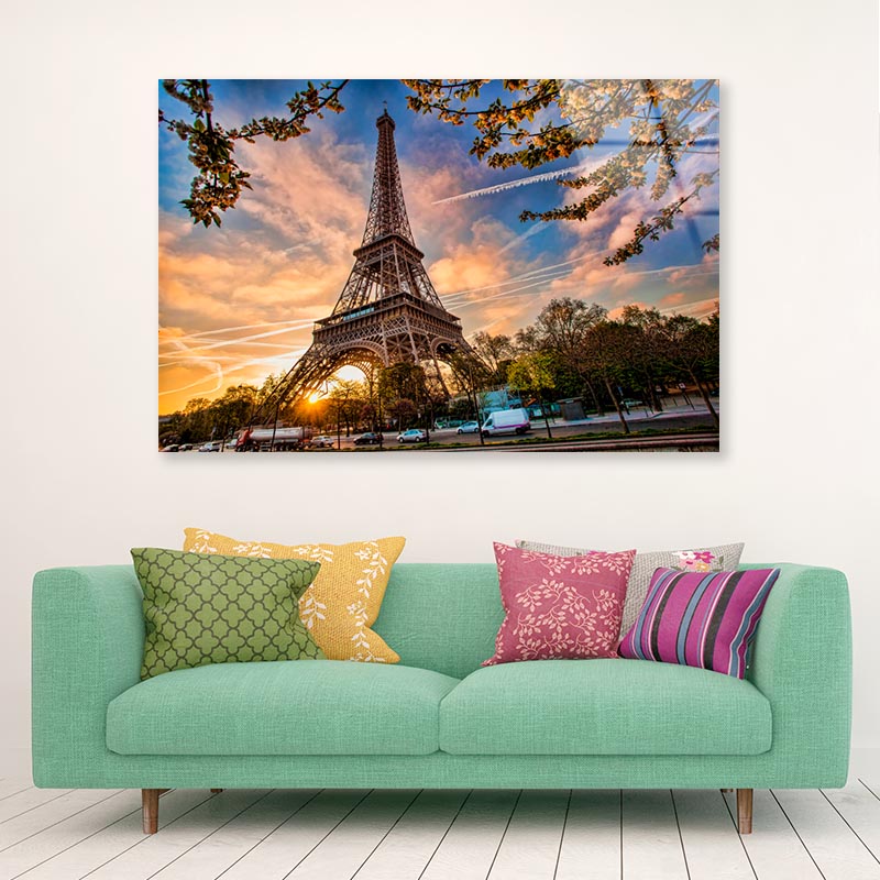 Eiffel Tower Against Sunrise in Paris, France Acrylic Glass Print Tempered Glass Wall Art 100% Made in Australia Ready to Hang - Bella Home Decor