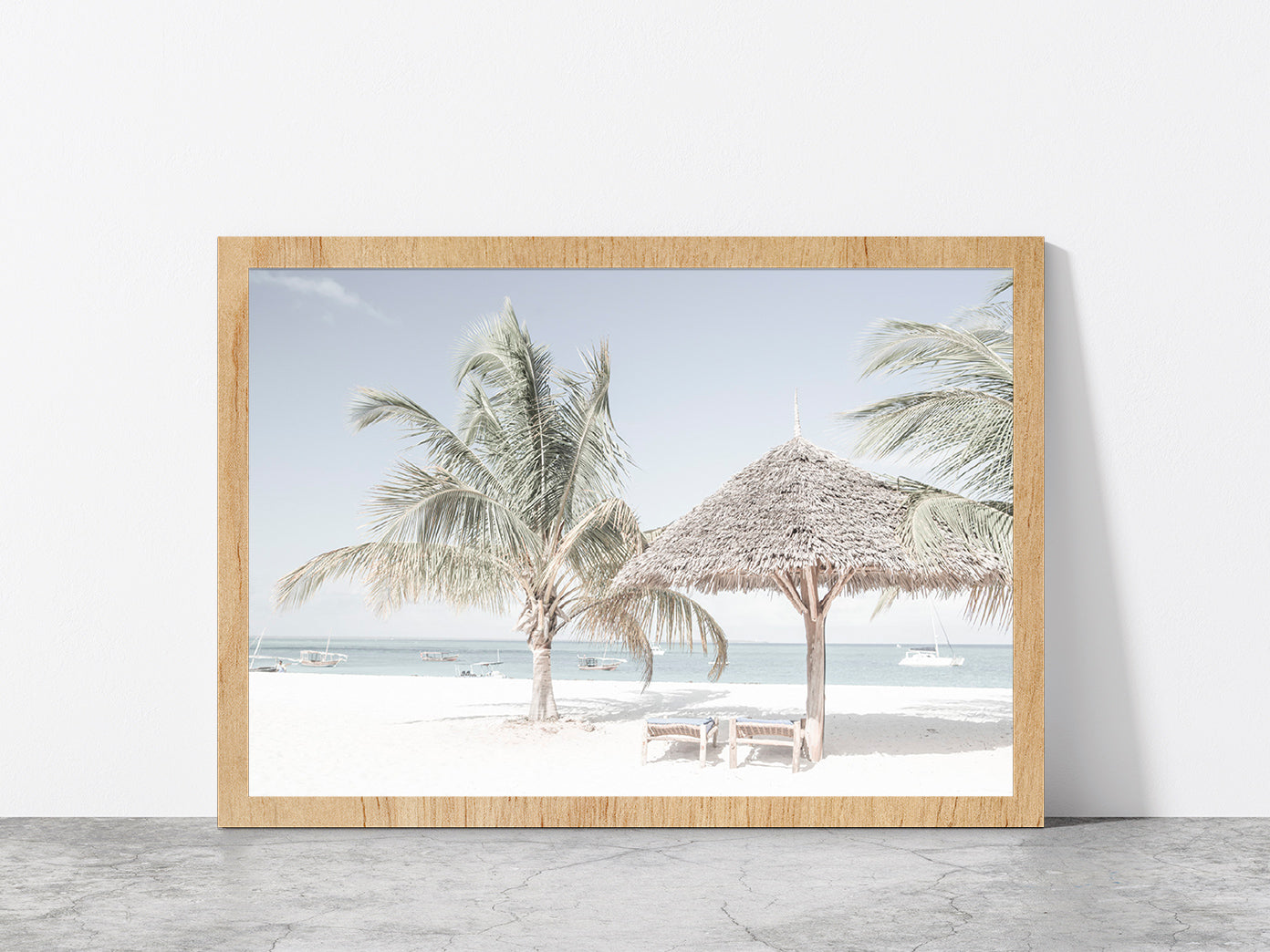 Palm Trees & Beach Hut with Chairs near Beach Glass Framed Wall Art, Ready to Hang Quality Print Without White Border Oak