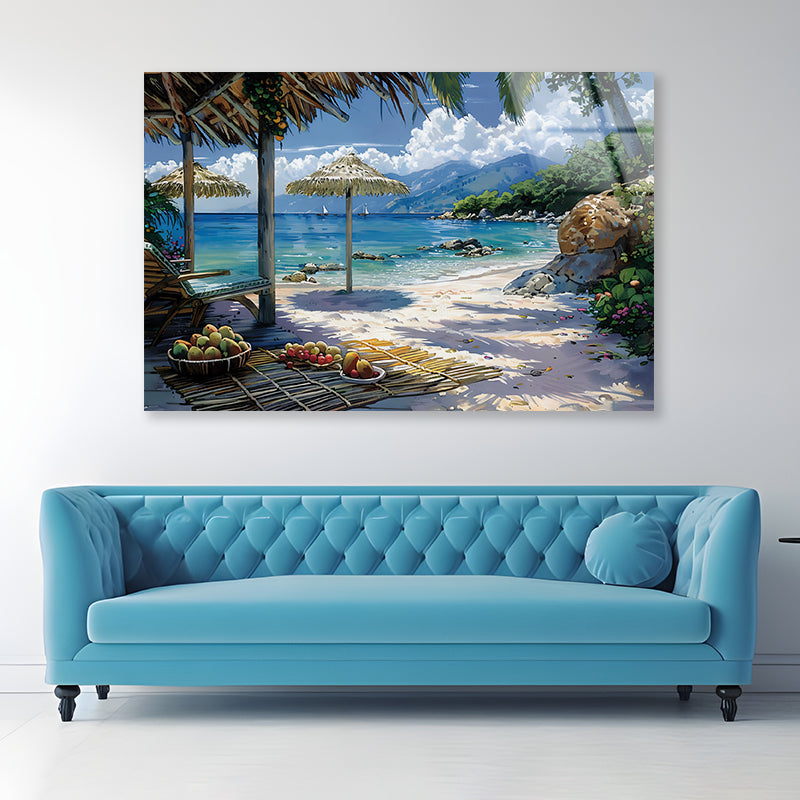 Beach with Umbrellas & Mountains View Acrylic Glass Print Tempered Glass Wall Art 100% Made in Australia Ready to Hang - Bella Home Decor