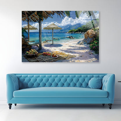 Beach with Umbrellas & Mountains View Acrylic Glass Print Tempered Glass Wall Art 100% Made in Australia Ready to Hang - Bella Home Decor