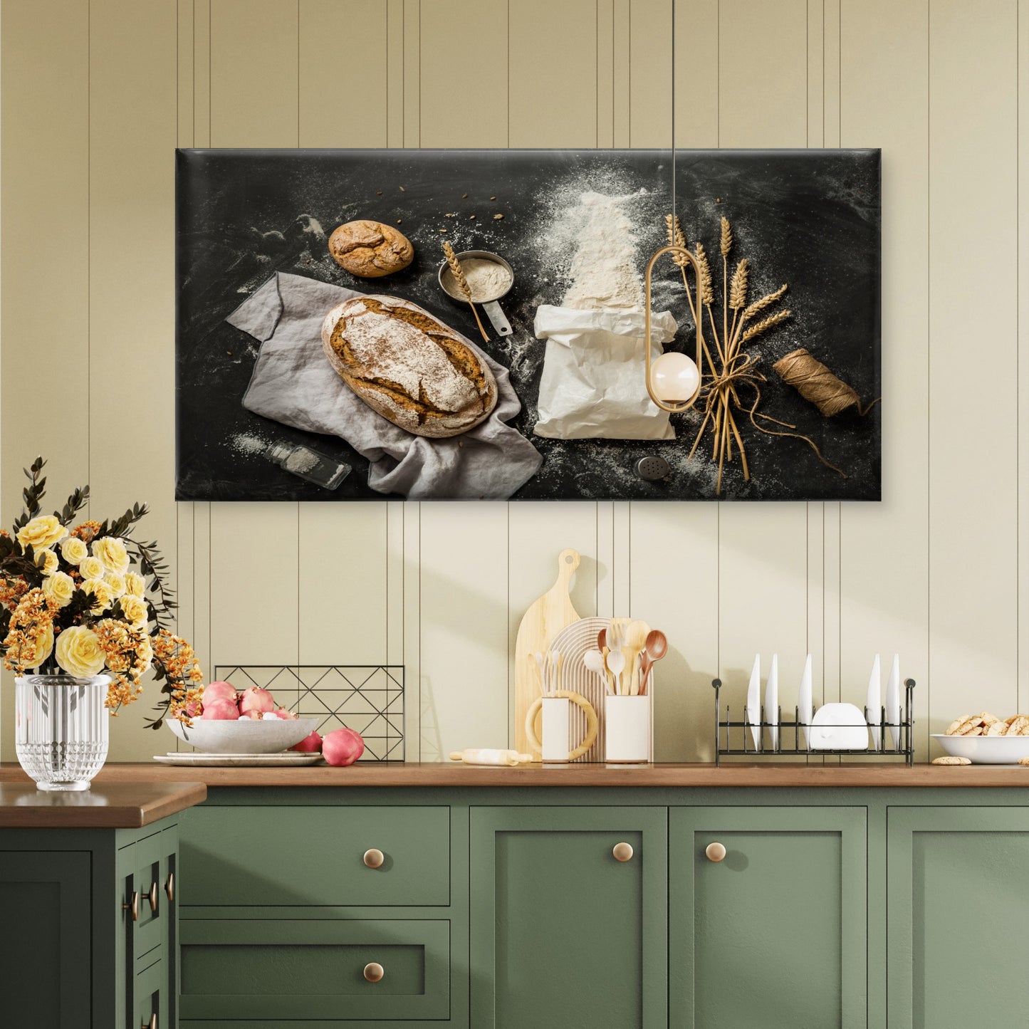 Rustic Sourdough Bread Wheat Wall Art Canvas Office Home Room Framed 120x60cm - Bella Home Decor