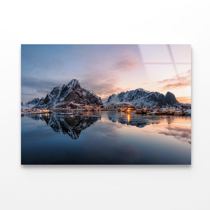 Fishing Village with Snow Mountain at Sunrise Acrylic Glass Print Tempered Glass Wall Art 100% Made in Australia Ready to Hang