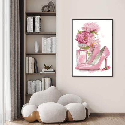 Pink High-Heel Shoes and Perfume Bottles Floral Fashion Home Decor Premium Quality Poster Print Choose Your Sizes