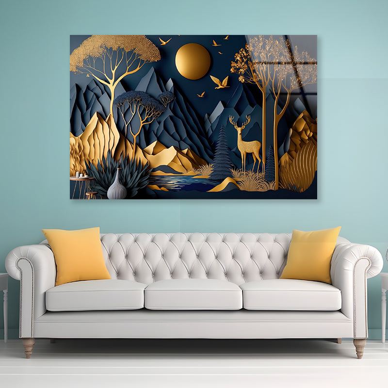 Mountains, Deer, Birds, Trees Painting Acrylic Glass Print Tempered Glass Wall Art 100% Made in Australia Ready to Hang - Bella Home Decor