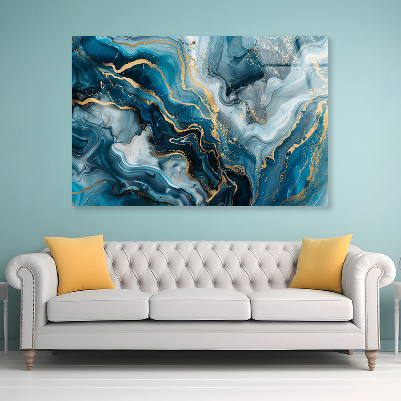 Close-Up Of a Sea Blue Agate Marble Pattern with Golden Veins Acrylic Glass Print Tempered Glass Wall Art 100% Made in Australia Ready to Hang