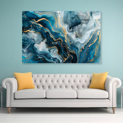 Close-Up Of a Sea Blue Agate Marble Pattern with Golden Veins Acrylic Glass Print Tempered Glass Wall Art 100% Made in Australia Ready to Hang