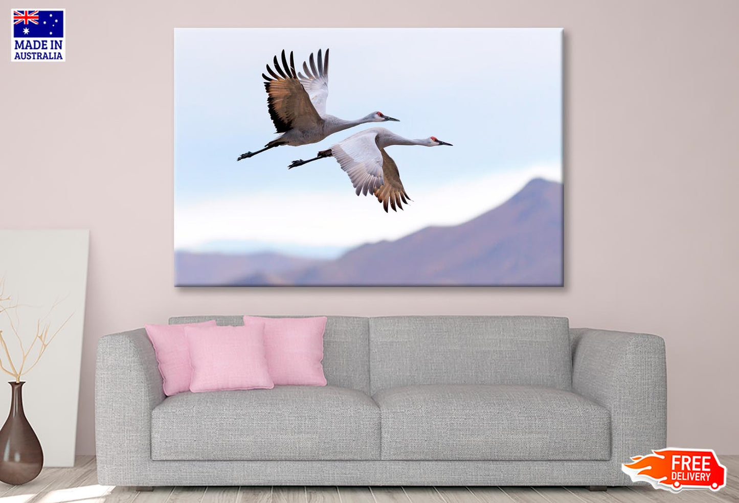 Flying Cranes Mountain Sky View Wall Art Decor 100% Australian Made