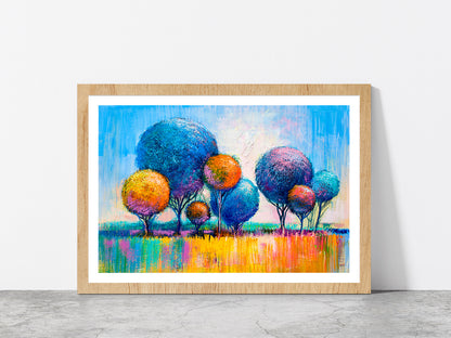 Multicolor Trees Glass Framed Wall Art, Ready to Hang Quality Print With White Border Oak